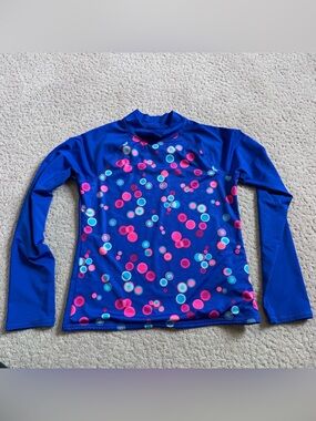 Lands’ End Rash Guard Swim Shirt Blue Pink Polka Dot Long Sleeve Large 10-12
